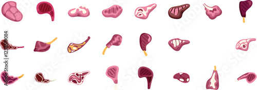 Collection of meat cuts showcasing diverse options, from raw to grilled, suitable for butchers, restaurants, or food related designs