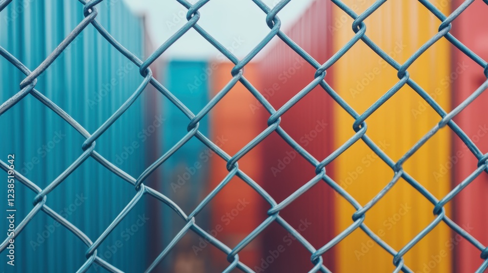 Fototapeta premium Massive Digital Fence Symbolizing Regulatory Barriers in International Trade Routes with Shipping Containers in Background