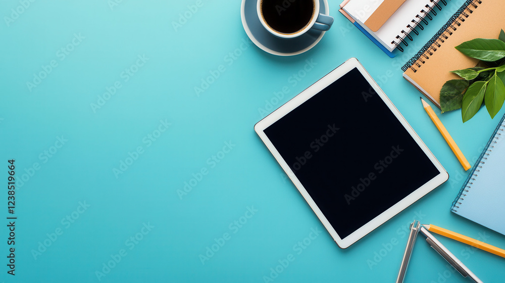 Creative workspace setup with tablet coffee notebooks and greenery home office aesthetic top-down view productivity Creative workspace setup with tablet coffee notebooks and greenery home office aesthetic top-down view productivity