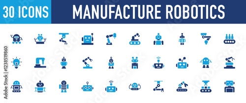 Set of 30 Manufacture Robotics icon. Crane, Robotic Arm, Robot, Conveyor Belt, Crane, Bulb, Machine illustration.