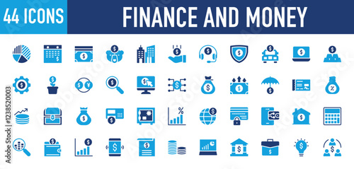 Set of 44 Finance and Money icon. Skycraper, Calculate, Smartphone, Group, Finance, Billfold, Graph, Global, Payment Method, Home, Loupe, Bar Chart, Mobile Phone, Document, Hosting illustration. 