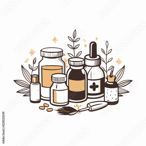 Assorted herbal remedies in bottles and jars, wellness concept