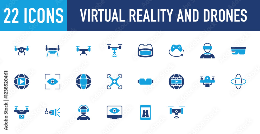 Set of 22 Virtual Reality and Drones icon. Game, Drone, Camera Drone, Focus, Camera Drone, Camera, Vr Glass, Global, Reel, Drone, Nuclear, Cctv Camera, Screen, Route illustration. Set of 22 Virtual Reality and Drones icon. Game, Drone, Camera Drone, Focus, Camera Drone, Camera, Vr Glass, Global, Reel, Drone, Nuclear, Cctv Camera, Screen, Route illustration.