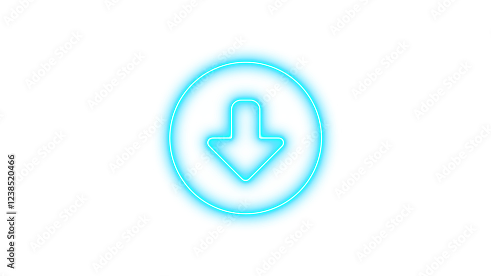 Neon symbol circle down icon cyan color glow with transparent background Neon symbol circle down icon cyan color glow with transparent background
