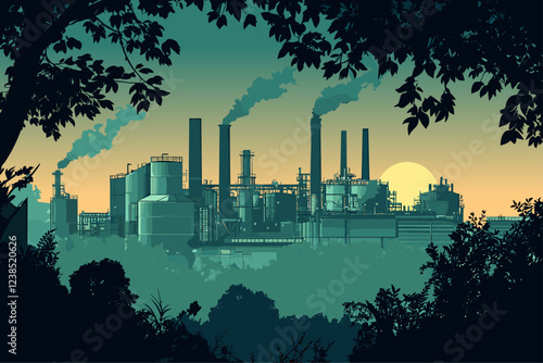 Industrial factory horizontal background. Environmental impact air pollution. Manufacture with pipelines. Flat cartoon vector illustration