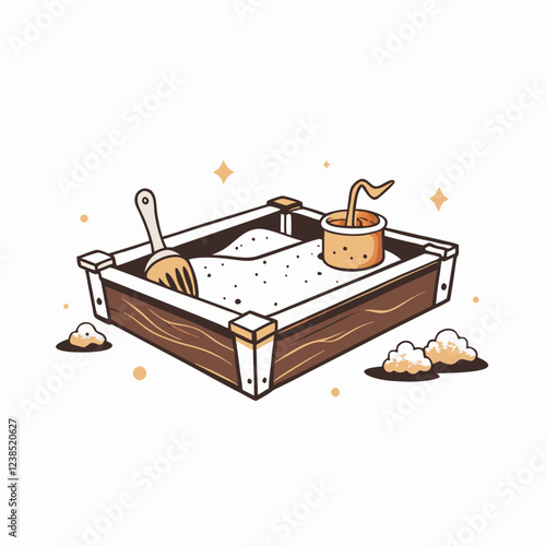 Colorful sandbox with toys and tools, childhood playfulness