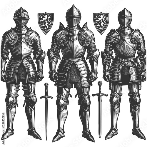 medieval knight in full plate armor, classic armor design with lion emblems sketch engraving generative ai fictional character vector illustration. Scratch board imitation. Black and white image.