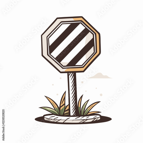 Stylized warning sign surrounded by grassy area, cautionary symbol