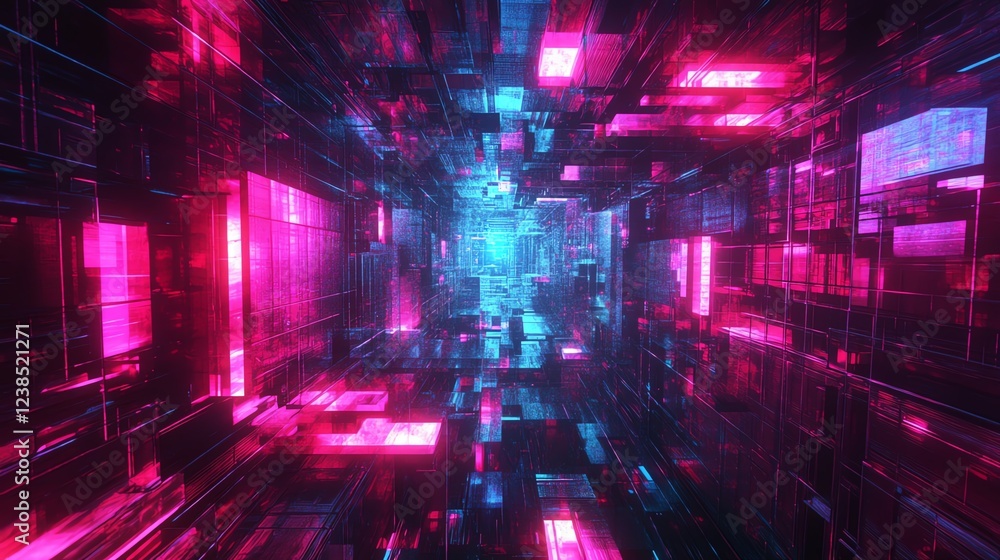 Colorful Abstract Digital Tunnel Design Showcasing Vibrant Pink and Blue Lights During a Futuristic Journey Colorful Abstract Digital Tunnel Design Showcasing Vibrant Pink and Blue Lights During a Futuristic Journey