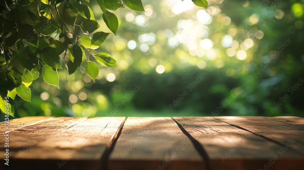 Charming rustic wooden table surrounded by lush greenery and sunlight for a dreamy atmosphere Charming rustic wooden table surrounded by lush greenery and sunlight for a dreamy atmosphere