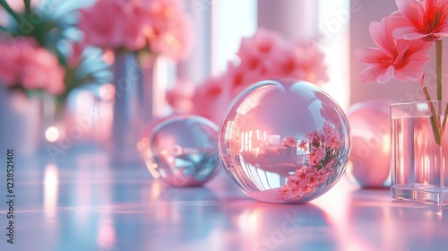 Pink Reflection, A soft and ethereal still life with pink flowers reflected in a clear glass sphere, creating a dreamy and romantic ambiance.
