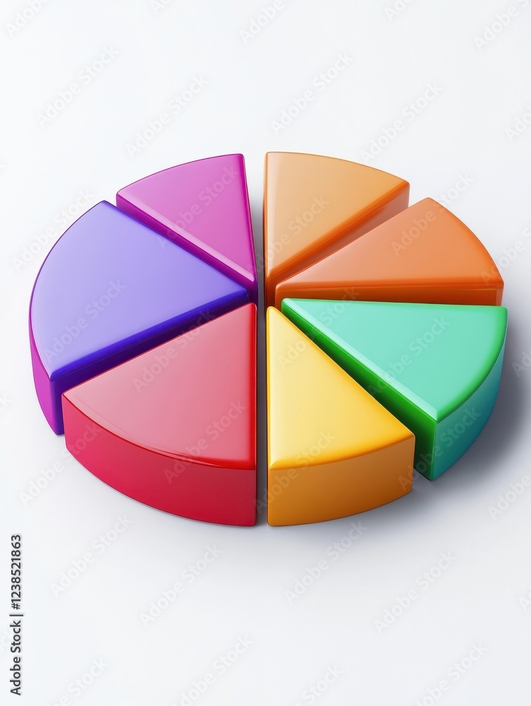 Fototapeta premium A colorful pie chart depicting market shares in various sectors, like green for technology or blue for healthcare, offering a visual overview.