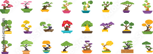 Different types of bonsai trees are growing in colorful pots, showcasing the art of miniature tree cultivation