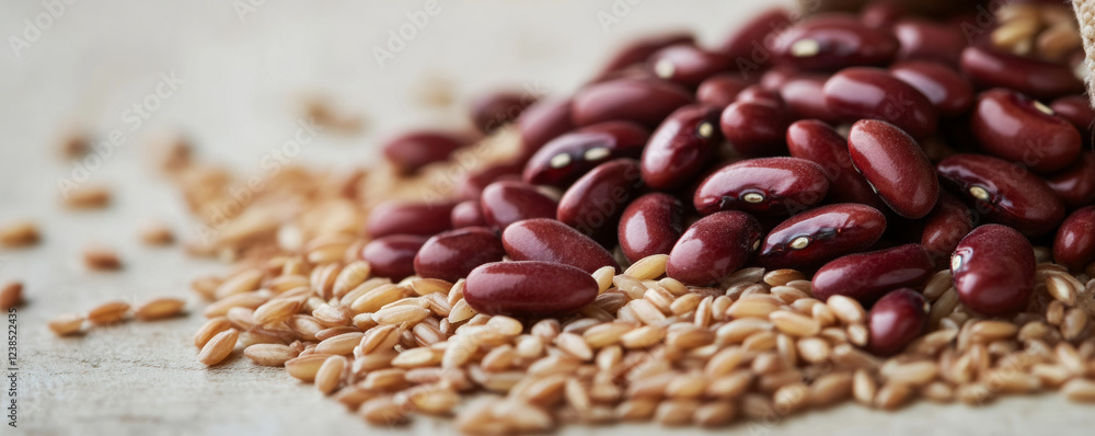 vibrant close up of raw red beans and farro grains, showcasing their rich colors and textures, perfect for culinary or health related themes vibrant close up of raw red beans and farro grains, showcasing their rich colors and textures, perfect for culinary or health related themes