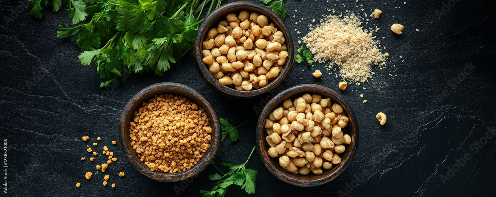 vibrant flat lay of assorted nuts in rustic bowls, surrounded by fresh herbs, creating delightful and healthy snack presentation vibrant flat lay of assorted nuts in rustic bowls, surrounded by fresh herbs, creating delightful and healthy snack presentation