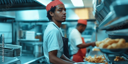 A nervous young worker in a fresh uniform, standing in the fast-food kitchen