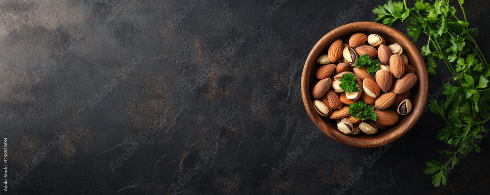wooden bowl filled with mixed nuts, including almonds and pistachios, garnished with fresh herbs, set against dark textured background wooden bowl filled with mixed nuts, including almonds and pistachios, garnished with fresh herbs, set against dark textured background