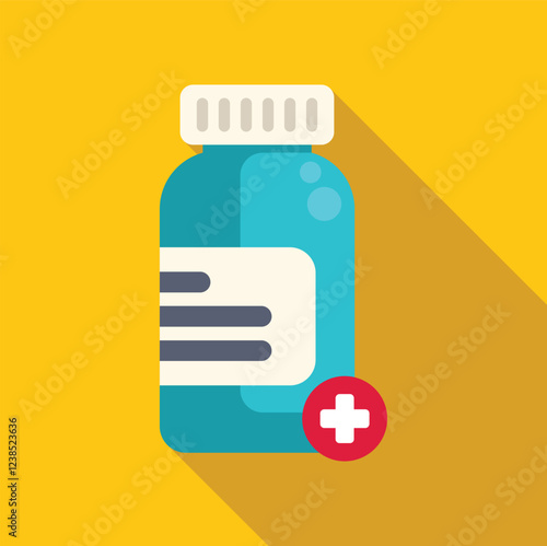 Blue plastic medicine bottle with white label and red cross symbol representing healthcare and pharmaceutical industry