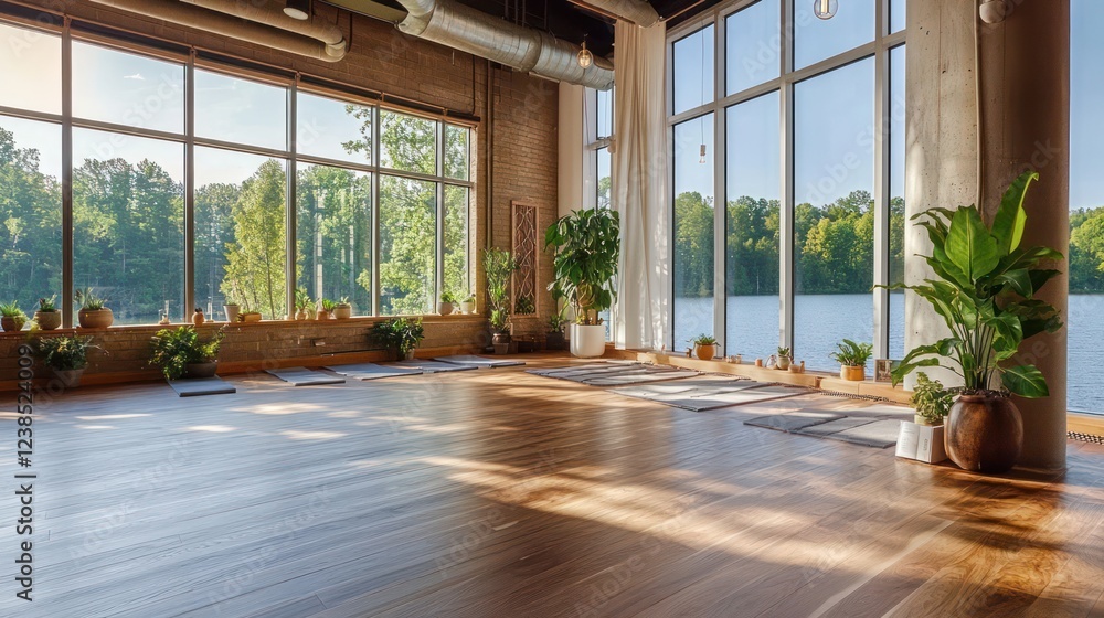 Fototapeta premium A serene yoga studio with wooden floors, potted plants, and large windows