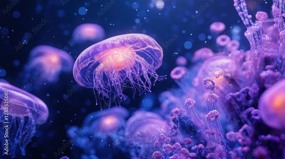 Fototapeta premium Bioluminescent Jellyfish Swim Among Ocean Flora