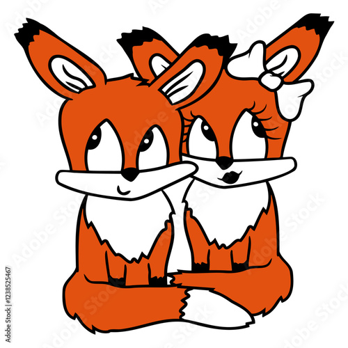 2 Foxes Couple In Love Two Friends Love Team Cute Design Lover Art Vector Illustration Card T-Shirt Poster Sticker Graphic Print Decorative Drawing Isolated Logo Decoration Symbol Creative Cool Style
