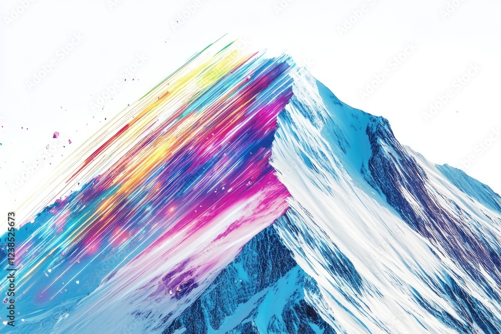 Vibrant streaks of color illuminate a majestic snow-capped mountain peak, creating a surreal and artistic landscape. Vibrant streaks of color illuminate a majestic snow-capped mountain peak, creating a surreal and artistic landscape.