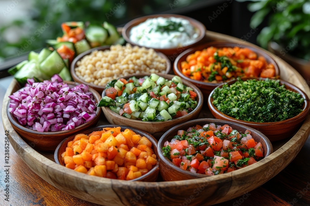 Diverse mezze platter, restaurant setting, healthy meal Diverse mezze platter, restaurant setting, healthy meal