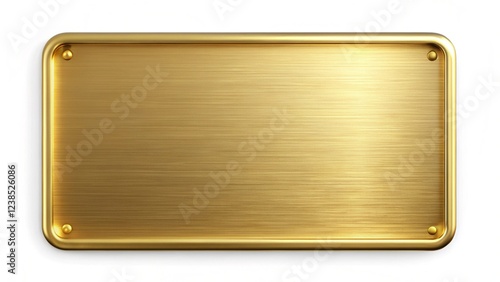 Rectangular gold metal plate with a smooth, polished surface and rounded edges, showcasing a reflective finish. Ideal for design and branding purposes. Isolated on white background,
