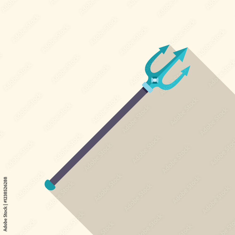 Naklejka premium Stylized trident with long handle and three sharp turquoise blades, casting a distinct shadow, evokes themes of mythology, fantasy, and power
