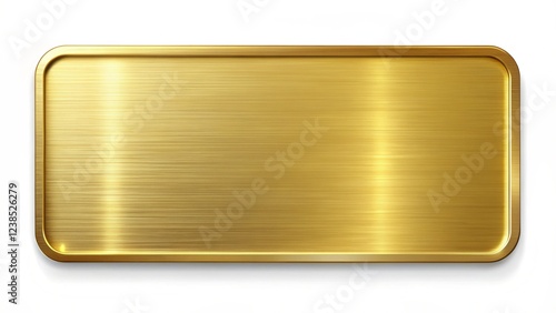 Rectangular gold metal plate with a smooth, polished surface and rounded edges, showcasing a reflective finish. Ideal for design and branding purposes. Isolated on white background,
