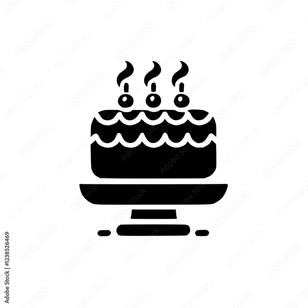 A delightful black and white minimalist cake icon with three candles, perfect for birthday celebrations and sweet treat designs. A delightful black and white minimalist cake icon with three candles, perfect for birthday celebrations and sweet treat designs.