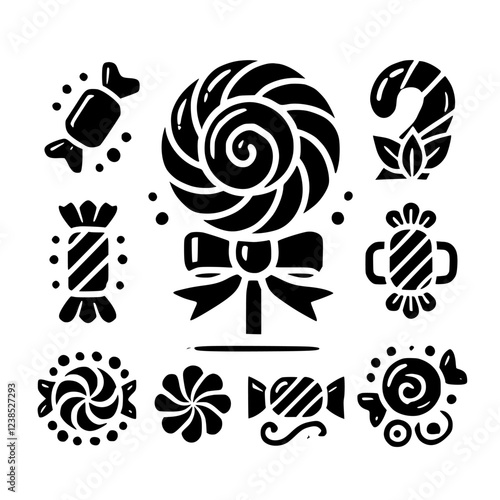 A delightful collection of candies and lollipops, perfect for a festive treat.  These sweet designs are ideal for holiday cards, wrapping paper, or any project needing a touch of sugary charm.