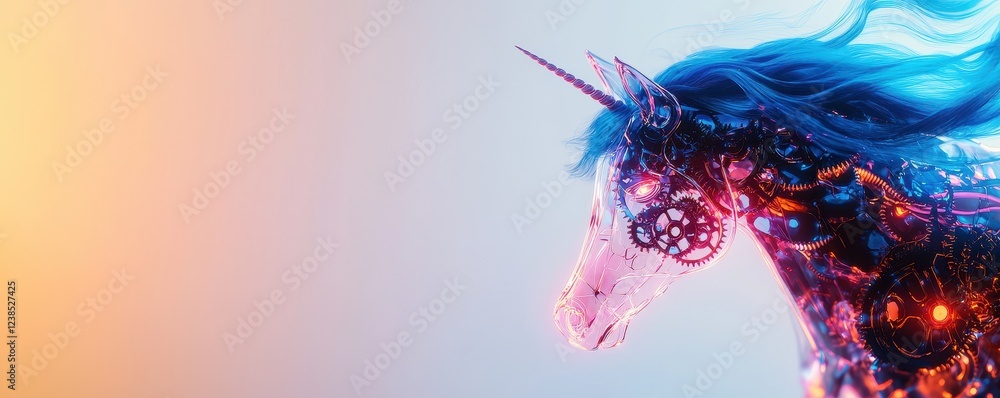 Fototapeta premium A vibrant, fantastical unicorn with colorful, glowing patterns and flowing blue hair set against a soft gradient background.