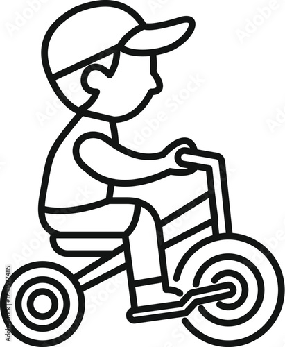 Child riding tricycle wearing cap in side view line art style