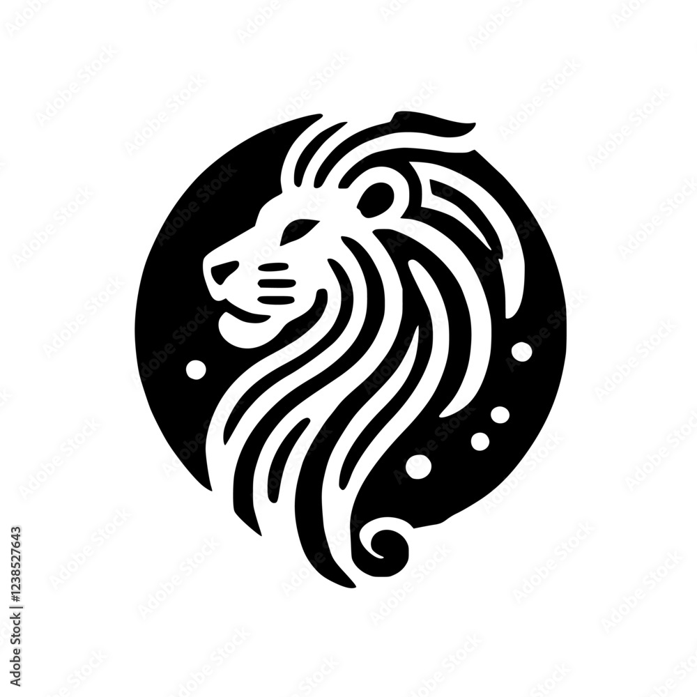 Majestic Lion Head in Monochrome Circle: Elegant Minimalist Animal Vector Graphic
