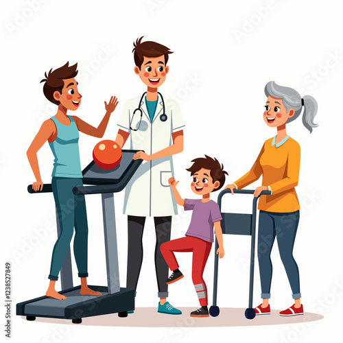 Medical rehabilitation, physical therapy activities, physiotherapist working with patients, cartoon vector illustration on white background. Medical rehabilitation, physical therapy, nurse, patients