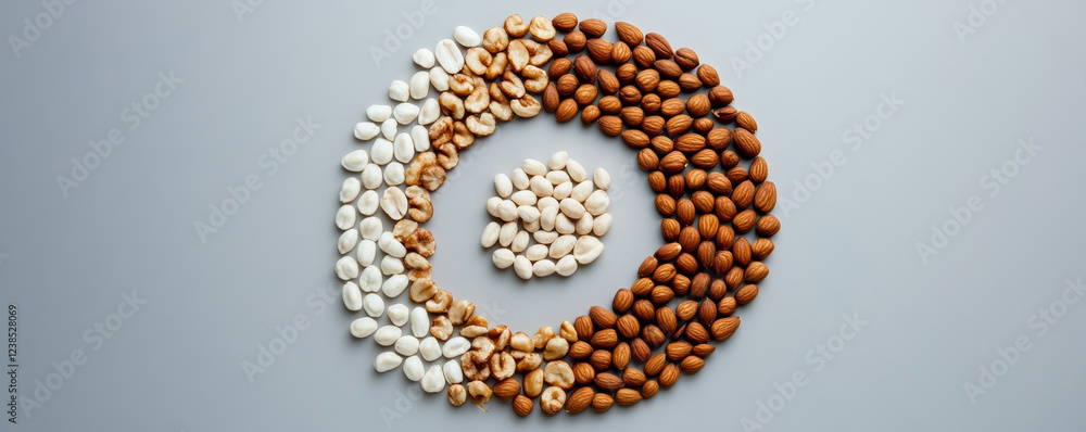 Obraz premium modern arrangement of mixed nuts forming spiral pattern, showcasing variety of textures and colors that create visually appealing display