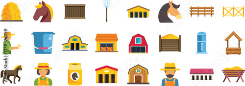 Horse stable and barn icons showing farmers working, feeding and caring for horses, storing hay, and maintaining fences