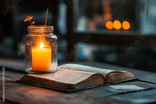 A shadowy, candlelit room with an ancient book that transforms its text depending on the reader, symbolizing knowledge that adapts photo