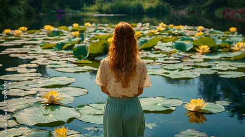 Rückansicht einer Frau am Seerosenteich – Naturverbundenheit und Ruhe im Sommer
 photo