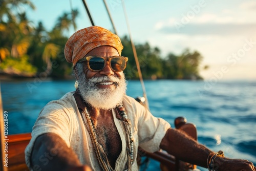 A ship captain steering the vessel into port, marking the termination of a long voyage photo