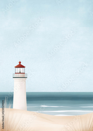 Obraz na płótnie Leuchtturm am Strand - Aquarell Strand Hintergrund mit maritimen Motiv w salonie
