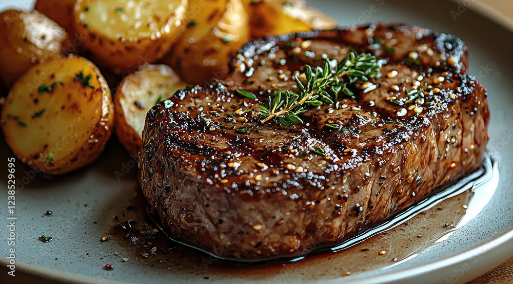 A beautifully plated steak and potatoes dish on a rustic wooden table. The steak is perfectly seared, medium-rare, with a rich brown crust and a juicy pink center. A beautifully plated steak and potatoes dish on a rustic wooden table. The steak is perfectly seared, medium-rare, with a rich brown crust and a juicy pink center.