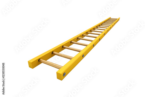 A sturdy yellow-painted wooden ladder with round rungs and metallic accents, designed for construction, maintenance, or accessing elevated areas, isolated on a transparent background photo