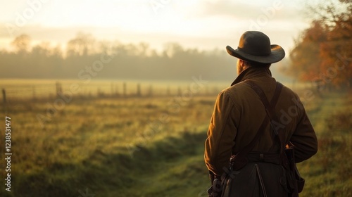 Man in field at sunrise, autumn landscape, contemplation