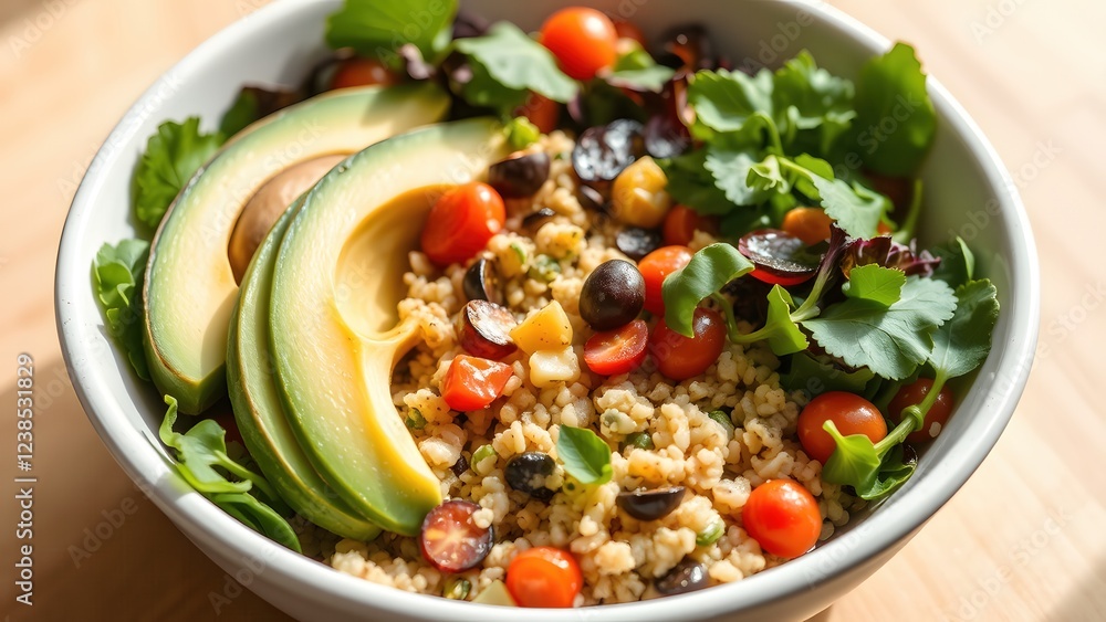Bowl of healthy food including avocado, greens, vegetables and porridge.