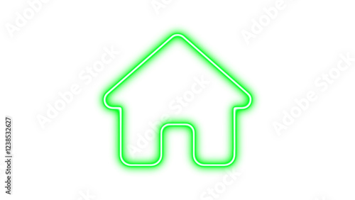Neon symbol house icon green color glow with transparent background