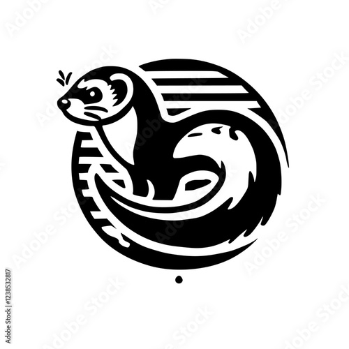 Ferret in a Circle: Black and White Vector Illustration of a Cute Animal.  Stylish and Elegant Graphic Design, Perfect for Nature Lovers and Pet Enthusiasts.