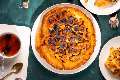 Traditional homemade banana caramel pie. French Tarte Tatin on a white plate with a cup of tea on a green, emerald background. Top view. Close-up. photo