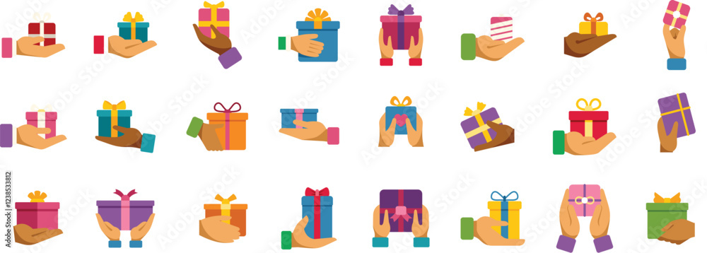 Collection of diverse hands holding colorful wrapped gift boxes, representing the act of giving or receiving presents Collection of diverse hands holding colorful wrapped gift boxes, representing the act of giving or receiving presents